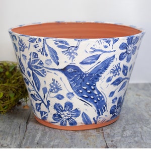 Terra Cotta Planter with Hummingbird,Handmade Wheel Thrown Planter with Blue and White Stamped Design,Gift for Gardener,8 Inch Top Diameter image 1