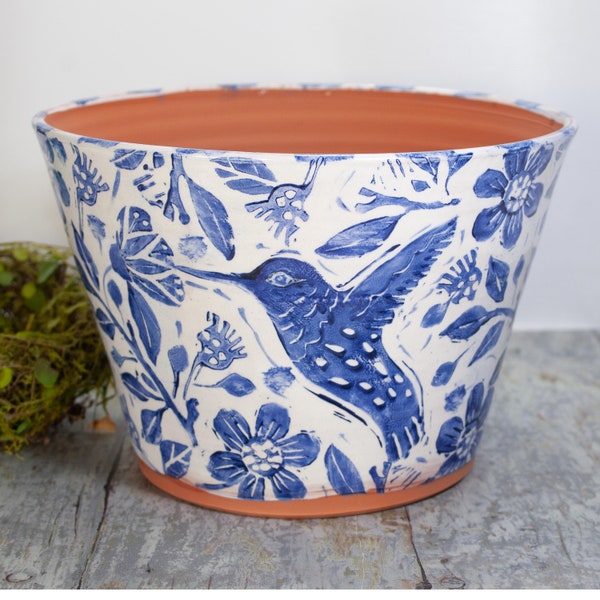 Terra Cotta Planter with Hummingbird,Handmade Wheel Thrown Planter with Blue and White Stamped Design,Gift for Gardener,8 Inch Top Diameter