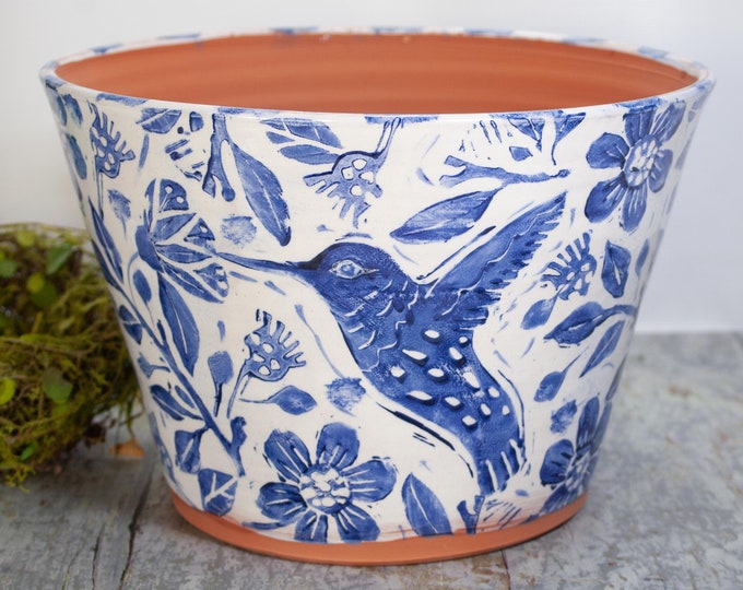 Terra Cotta Planter with Hummingbird,Handmade Wheel Thrown Planter with Blue and White Stamped Design,Gift for Gardener,8 Inch Top Diameter