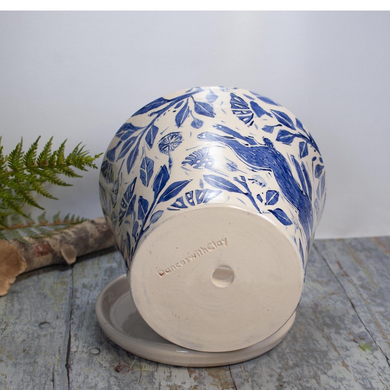 Rabbit Planter,6 inch Top Diameter Handmade Blue and White Pot,Decorated By Hand with Hole in Bottom,Blue and White Decor, Bunny Lovers Pot image 5