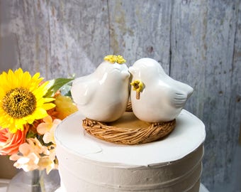 Love Bird Wedding Cake Topper with Sunflower Boutonniere and Yellow Flower Crown,Handmade Keepsake Wedding Gift for Couple,Ceramic Sculpture