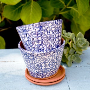 Small Blue and White Terra Cotta Planter with Italian Flower Design,Handmade Windowsill Herb Planter with Saucer, Unique Gift for Gardener image 3