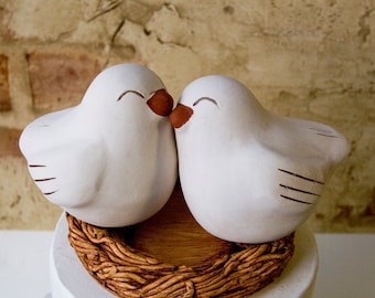 Happy Love Bird Cake Topper,Customized Wedding or Anniversary Keepsake,Handmade Pottery Sculpture,Nest Engraved with Names and Wedding Date