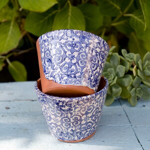 Small Blue and White Terra Cotta Planter with Italian Flower Design,Handmade Windowsill Herb Planter with Saucer, Unique Gift for Gardener image 5