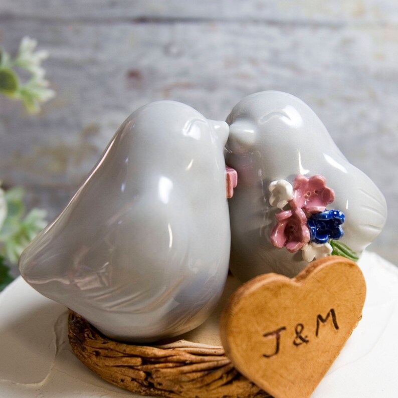Love Bird Wedding Cake Topper: Personalized Initial Heart, Custom Glaze Colors image 2