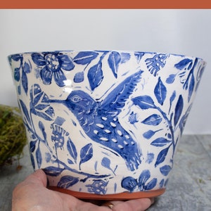 Terra Cotta Planter with Hummingbird,Handmade Wheel Thrown Planter with Blue and White Stamped Design,Gift for Gardener,8 Inch Top Diameter image 4