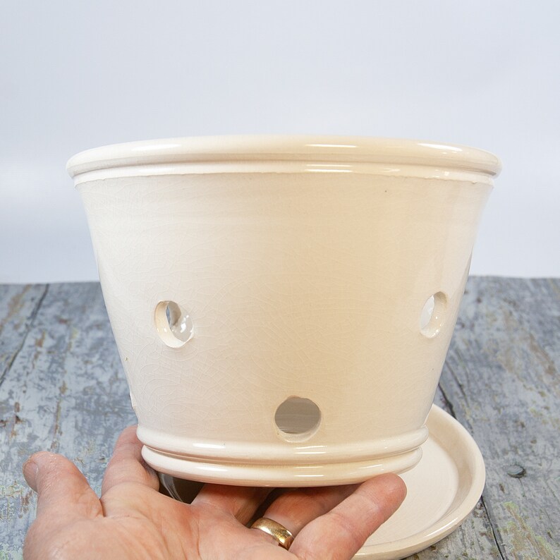 Handmade Orchid Planter with Saucer: 6 Inch Ivory Ceramic Pot image 2