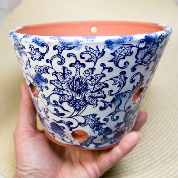 Orchid Planter With Passion Flower Design Terra Cotta Clay Pot Thrown On The Potter S Wheel Blue