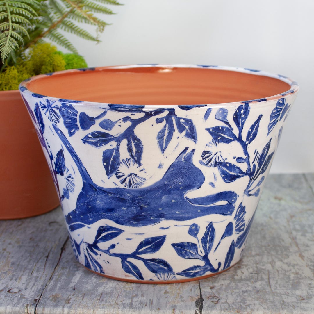 Handmade Terra Cotta Planter: Blue Cat in Garden Design,8 Inch Top