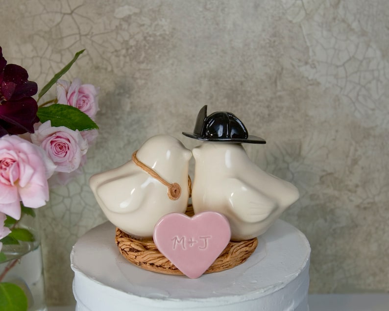 Firefighter and Nurse Wedding Cake Topper Love Birds with Initialized Heart Added to the Nest and Customized Engraving Under Nest image 5