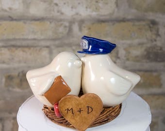Teacher and Police Officer Wedding Cake Topper Handmade Wedding Gift with Customized Heart, Names and Wedding Date Engraved Under the Nest