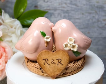 Peach Glazed Love Bird Wedding Cake Topper Romantic Handmade Pottery Keepsake Wedding Gift for Couple,Engraved with Names and Wedding Date