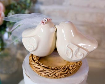 Love Birds with Scroll Pattern Wing,Handmade Pottery Keepsake Gift for Couple,Ivory Birds with Engraving of Names and Wedding Date UnderNest