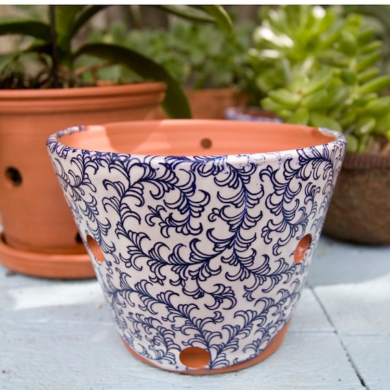 Blue And White Orchid Planter With Asian Swirl Design Handmade Etsy