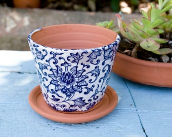 Blue and White Planter, Handmade Terracotta Planter for Succulents, Asian design Pot with Plant Tray,Gift for Mother's Day,Gift for Gardener