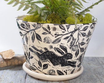 8 Inch Diameter Planter,Black and Off White Running Rabbit Design,Wheel Thrown Pot,Decorated with Own Handmade Stamps,Planter with Saucer