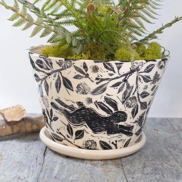 8 Inch Diameter Planter,Black and Off White Running Rabbit Design,Wheel Thrown Pot,Decorated with Own Handmade Stamps,Planter with Saucer