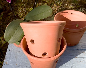 May include: Three terracotta orchid pots with drainage holes are stacked on a weathered blue surface. The pots are a warm reddish-brown color. An orchid plant with green leaves and purple flowers is visible in the background.
