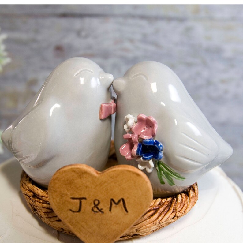 Love Bird Wedding Cake Topper: Personalized Initial Heart, Custom Glaze Colors image 4