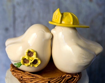 Firefighter Wedding Cake Topper with Sunflower Bouquet and Yellow Fireman Helmet,Handmade Pottery Keepsake Gift for Couple,Sunflowers