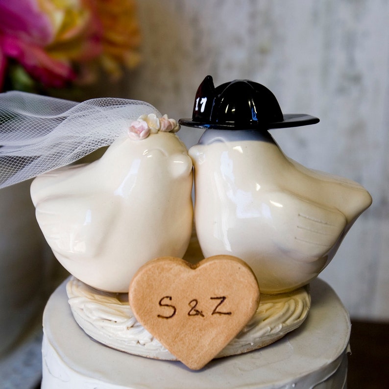 Firefighter Love Birds with Ivory Glazed Nest, Tulle Veil with Custom Flowers and Fireman Helmet,Handmade Wedding Keepsake Gift for Couple image 2