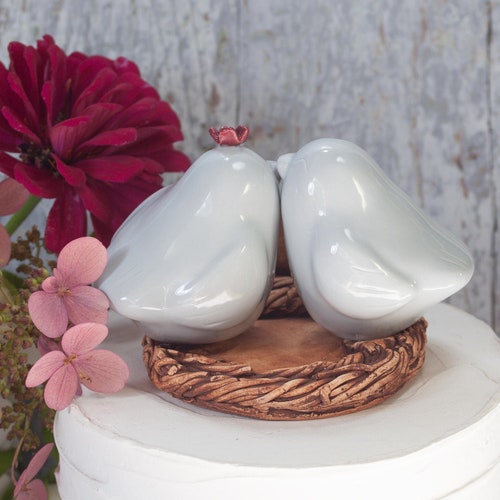 Shops Pale Gray Love Bird Wedding Cake Topper, Handmade Pottery Keepsake, Personalized with Engraving of Names and Wedding Date Under Nest