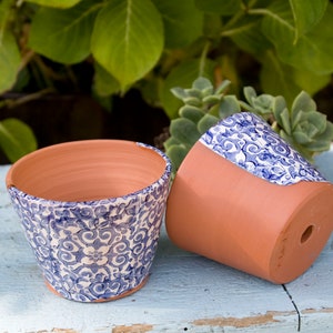Small Blue and White Terra Cotta Planter with Italian Flower Design,Handmade Windowsill Herb Planter with Saucer, Unique Gift for Gardener image 4