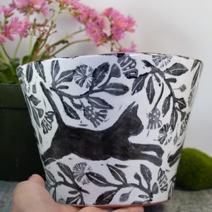 Large Black Cat Planter: Hand-Painted Terra Cotta Clay, Wheel Thrown