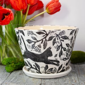 Large Black Cat Planter, Handmade 8 Inch Top with Saucer, Gift for Cat Lover