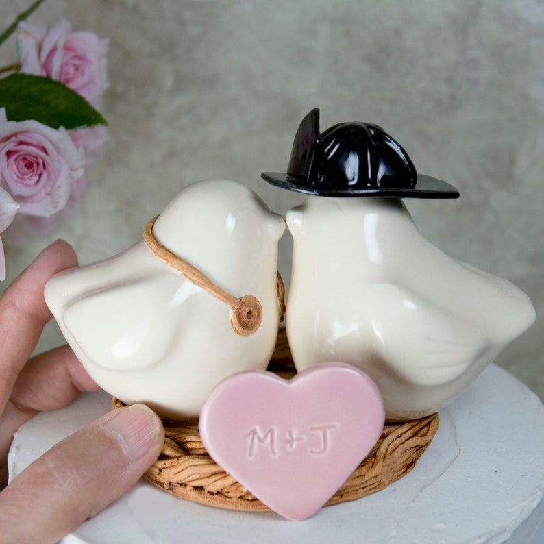 Firefighter and Nurse Wedding Cake Topper Love Birds with Initialized Heart Added to the Nest and Customized Engraving Under Nest image 2