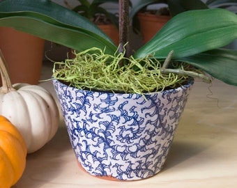 Planter with Blue and White Asian Swirl Design, Wheel Thrown Terra cotta Pot, Gift for Gardener,Handmade Garden Art, Blue and White Pottery