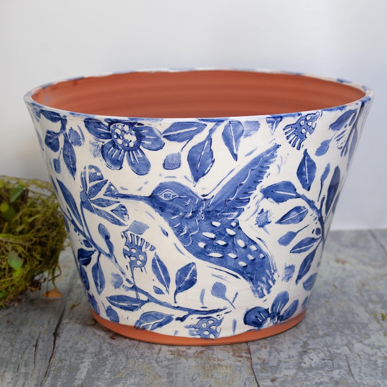 Terra Cotta Planter with Hummingbird,Handmade Wheel Thrown Planter with Blue and White Stamped Design,Gift for Gardener,8 Inch Top Diameter image 7