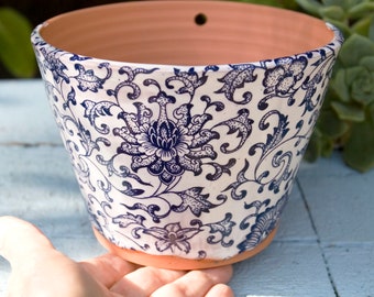 Blue and White Planter,Handmade Terra Cotta Planter with Passion Flower Design,Gift for Gardener,Art for the Garden,Red Clay Planter