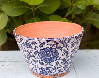 Large 8 Inch Blue and White Planter with Flower Design,Wheel Thrown Terracotta,Gift for Gardener,Blue and White Ceramic Lover,Unique Planter