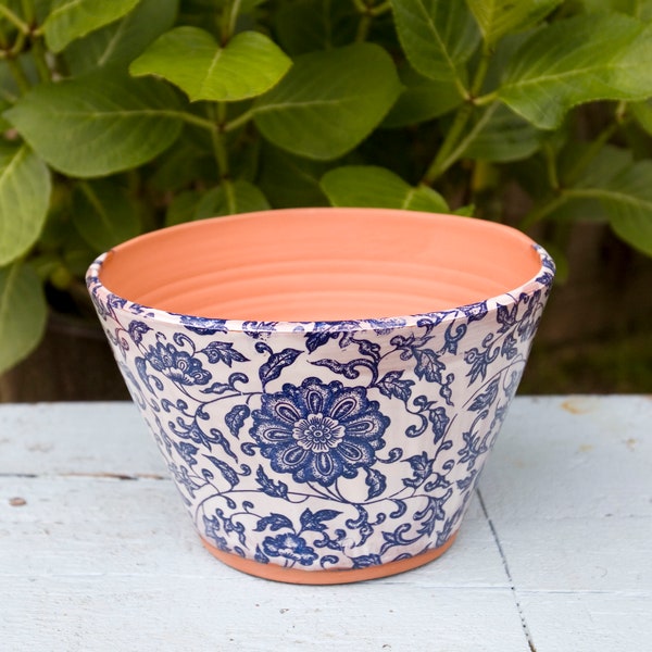 Large 8 Inch Blue and White Planter with Flower Design,Wheel Thrown Terracotta,Gift for Gardener,Blue and White Ceramic Lover,Unique Planter