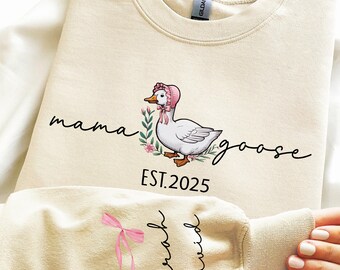 Custom Mama Goose Sweatshirt, Kids Name On Sleeve Sweatshirt, New Mom Gift, Funny Mom Sweatshirt, Mothers Day Sweatshirt, Pregnancy Reveal