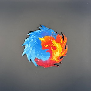 Op de afbeelding: Een cirkelvormige afbeelding met twee gestileerde draken, één blauw en ijzig, de andere rood en vurig, verweven in een yin-yang stijl. De draken staan tegen een donkergrijze achtergrond.