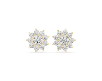 18K Gold Flower Cluster Stud Earrings | Moissanite Floral Studs | Elegant Everyday Earrings for Women