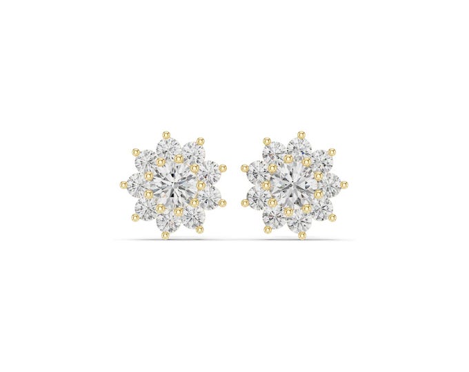 18K Gold Flower Cluster Stud Earrings | Moissanite Floral Studs | Elegant Everyday Earrings for Women