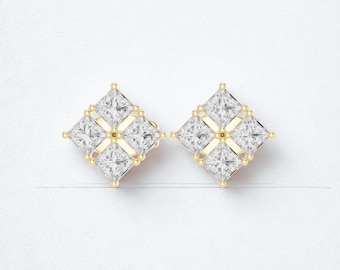 18K Gold Moissanite Stud Earrings: Princess Cut Cluster