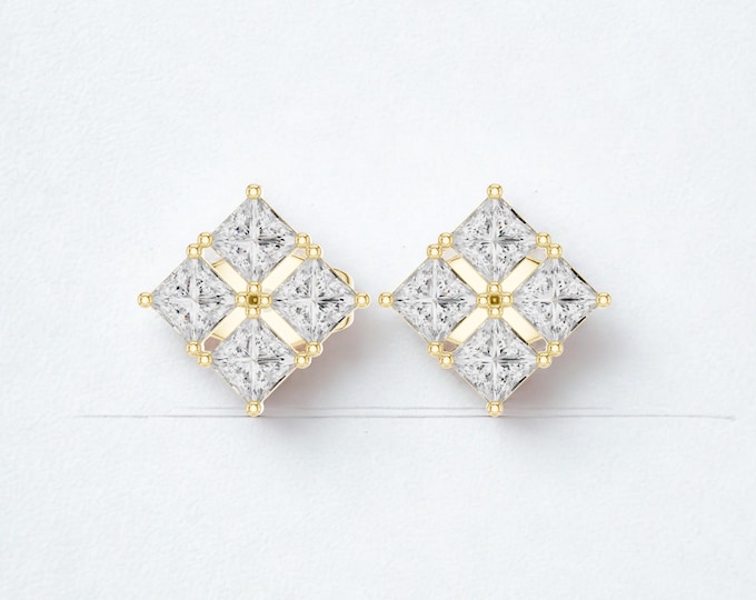 18K Gold Moissanite Stud Earrings: Princess Cut Cluster