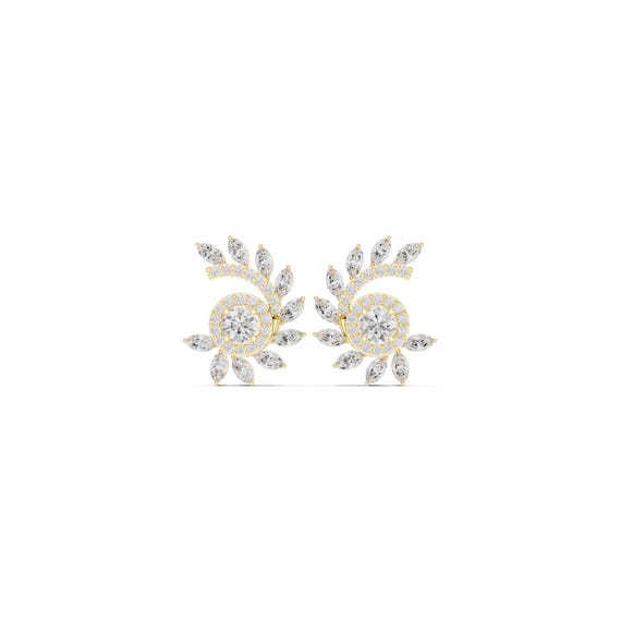 18K Gold Moissanite Spiral Leaf Earrings | CZ Halo Studs | Elegant Gift for Her
