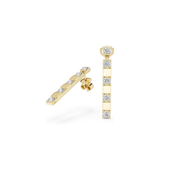 Moissanite Gold Earrings, Vertical Bar Style (18K, Diamond-Cut Stones)
