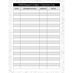 May include: A white ledger with a decorative border. The top of the ledger has the text "Child Support Ledger | Expenses Log". The ledger is divided into columns labeled "Date", "Expenses Details", "Amount", and "Notes".