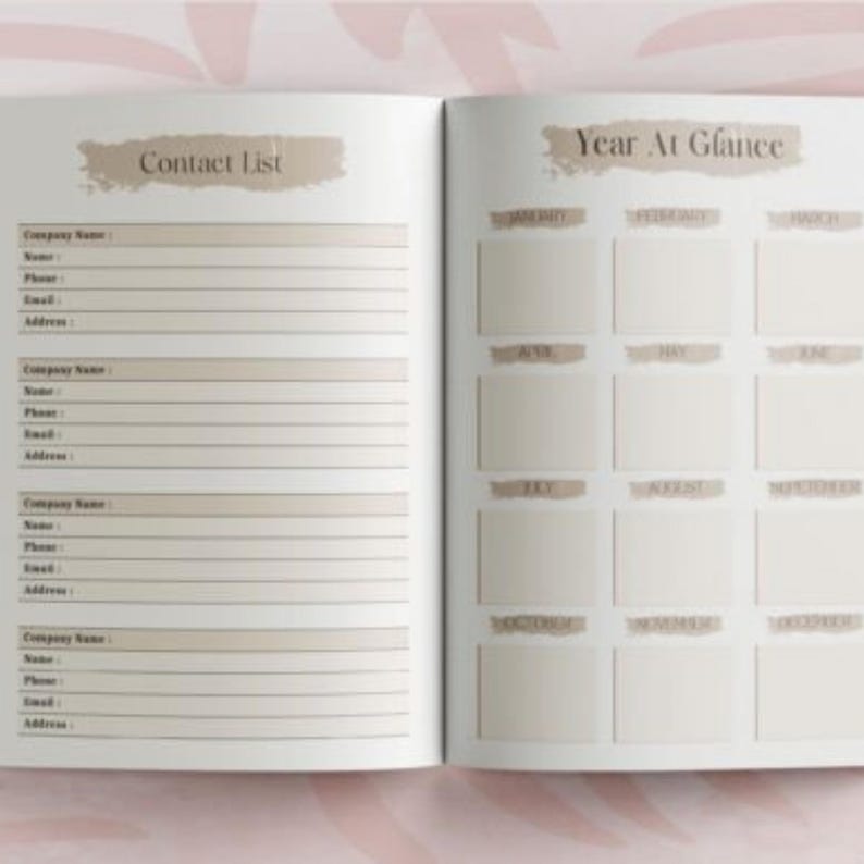 May include: Open notebook with a contact list and a year-at-a-glance calendar. The contact list includes fields for company name, name, phone, email, and address. The calendar has boxes for each month. The text is in a light brown color.