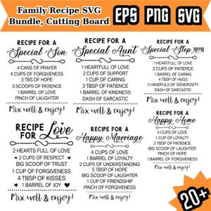 Family Recipe SVG Bundle, Cutting Board Quotes SVG, Recipe for Mom Dad Grandma, Marriage Charcuterie Board SVG, Kitchen Decor