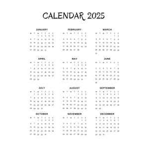 May include: A minimalist 2025 calendar in black and white. Each month is displayed with the days of the week and dates. The calendar is simple and easy to read, perfect for planning.