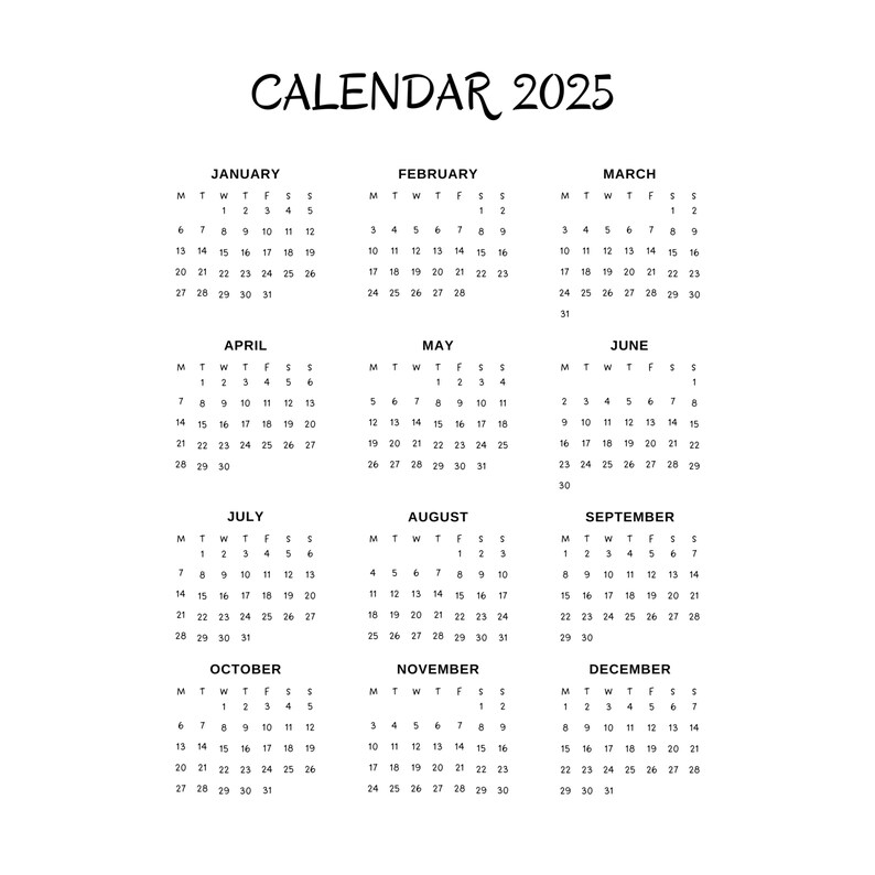May include: A minimalist 2025 calendar in black and white. Each month is displayed with the days of the week and dates. The calendar is simple and easy to read, perfect for planning.