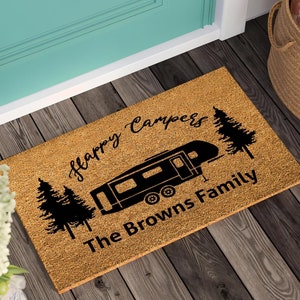 Custom Doormat Happy Campers Last Name Welcome Mat Personalized Gift Wedding Monogram Large Real Estate Last Name Sign Doormat RV Camp