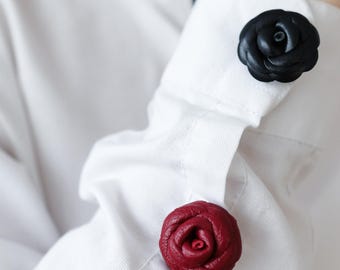 Leather Set: Brooch & Cufflinks – Versatile 3-in-1 Accessory Rose set brooch and cufflinks and choker leather Red